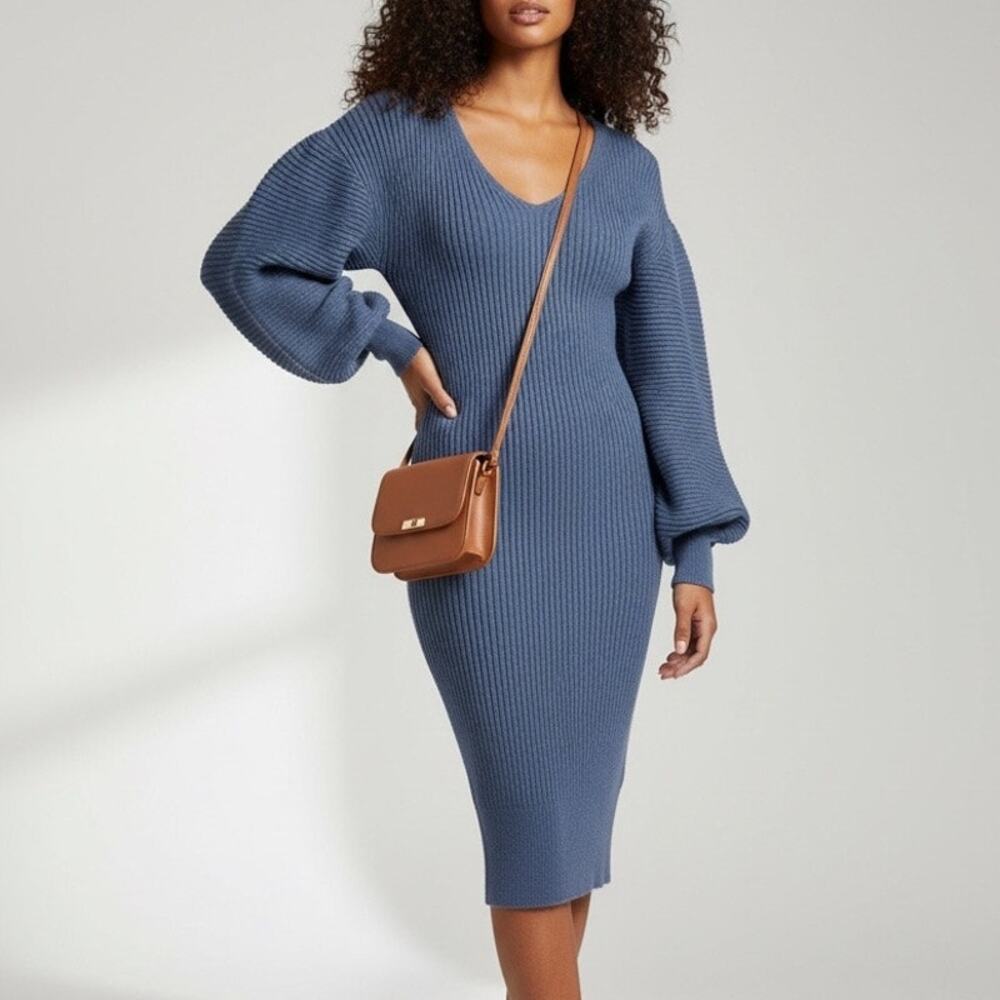 Navy Blue Ribbed Knit Bishop Sleeve V-Neck Bodycon Mini Dress M
